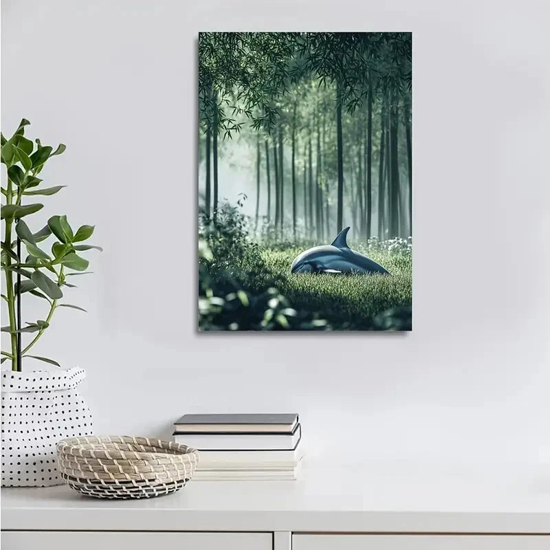 Serene Dolphin & Bamboo Grove Scene Painting 40x60cm Metal Print Ready to Hang - Bella Home Decor
