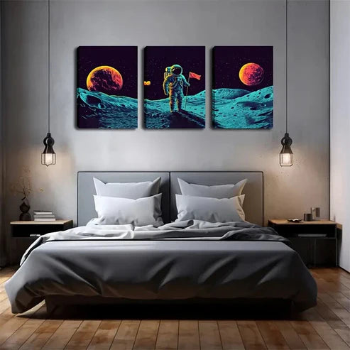 3pcs Astronaut Landing on Moon Triptych  Wall Art Set Canvas Unframed - High Quality Print 100% Australian Made Wall Canvas - Bella Home Decor