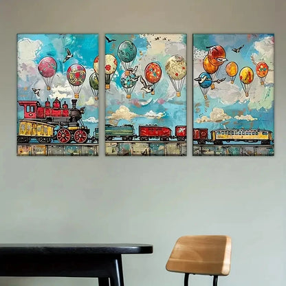 3pcs train and balloons flying over city Wall Art Set Canvas Framed 60x90cm - High Quality Print 100% Australian Made Wall Canvas Ready to Hang - Bella Home Decor