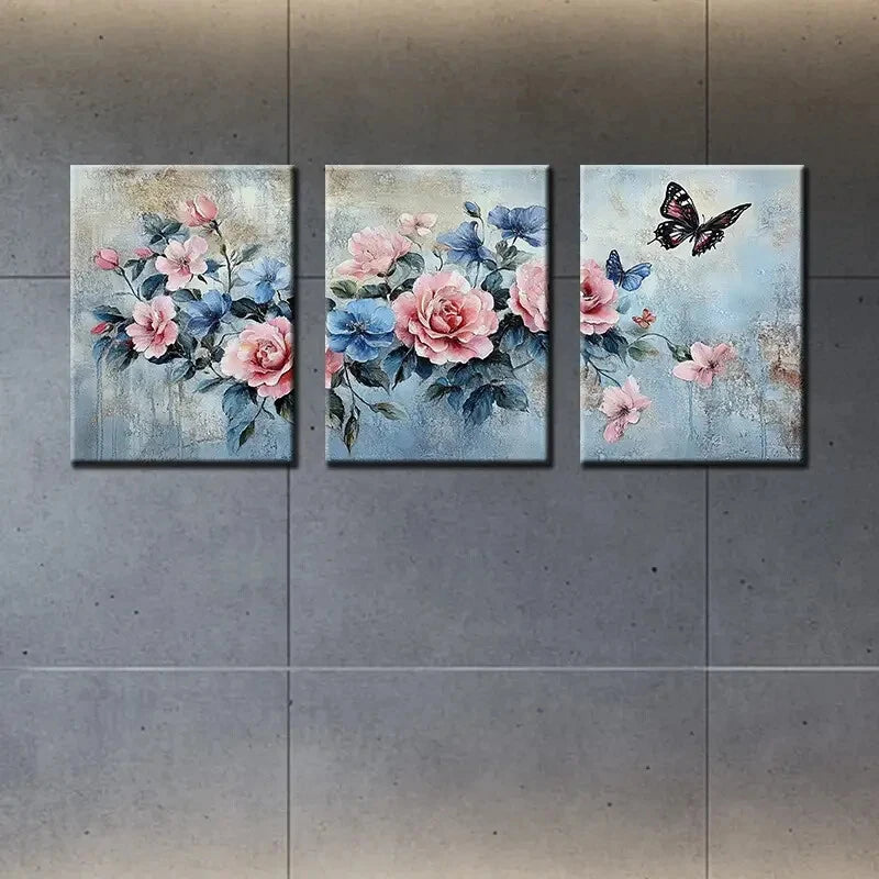 3pcs Flowers & Butterflies Oil Painting Metal Print Ready to Hang Art - Bella Home Decor