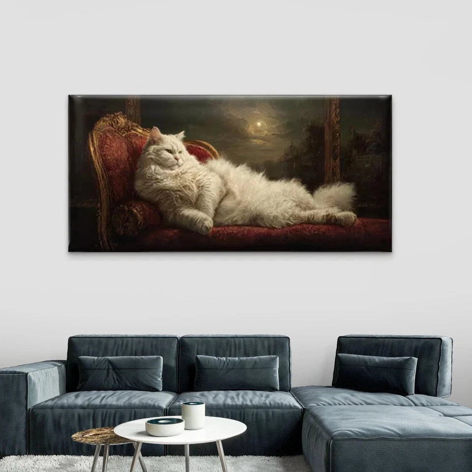 Long-Haired Cat on Red Chair Wall Art Canvas Office Home Room Framed 120x60cm