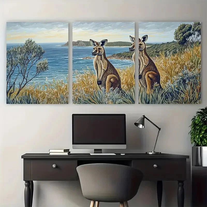 3pcs Kangaroo Scenic Australian Wildlife Wall Art Set Canvas Framed 50x70cm - High Quality Print 100% Australian Made Wall Canvas Ready to Hang