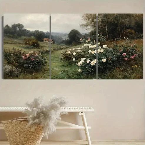 3pcs Rose Garden Rustic Vintage or Cottagecore Wall Art Canvas Unframed - High Quality Print 100% Australian Made Wall Canvas - Bella Home Decor