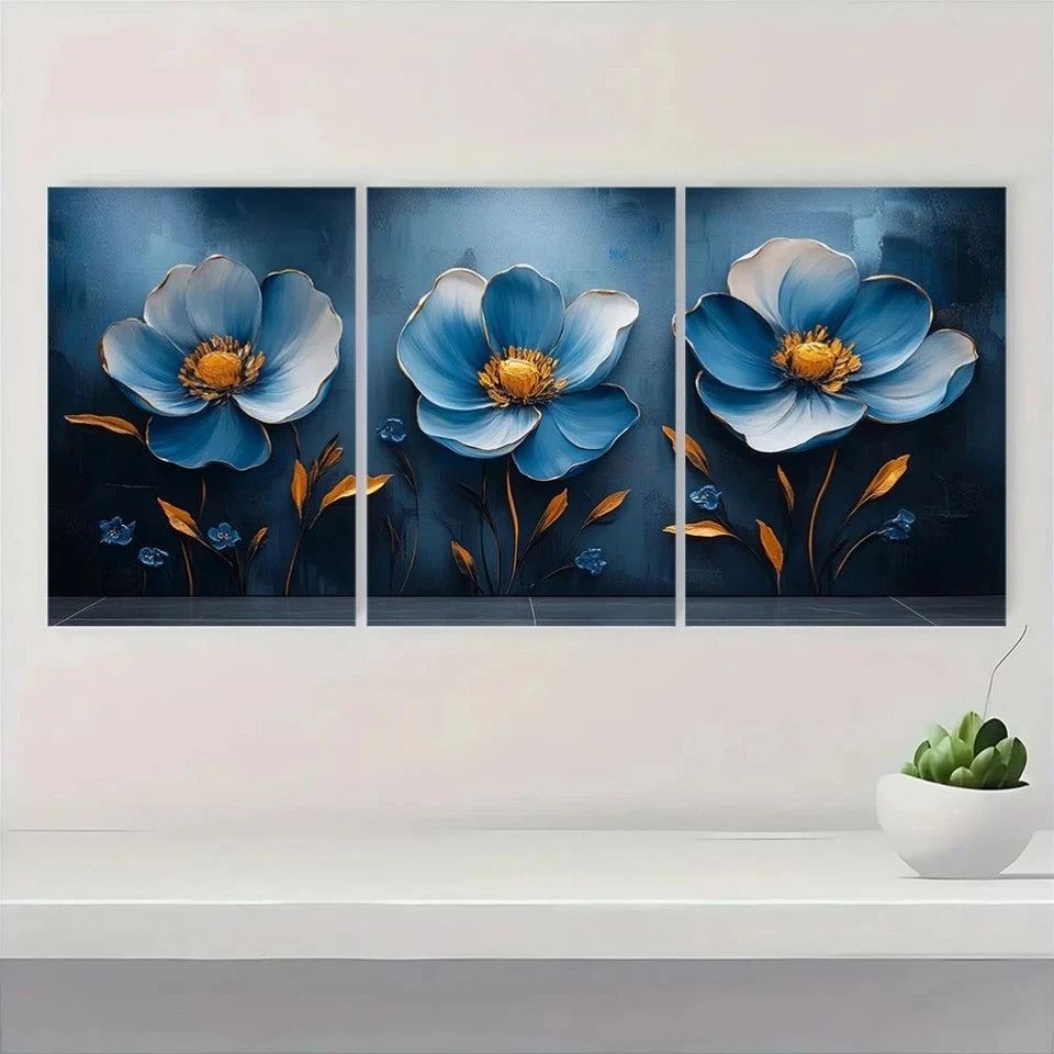 3pcs Modern Luxury Light Blue And Golden Abstract Metal Print Ready to Hang Art - Bella Home Decor