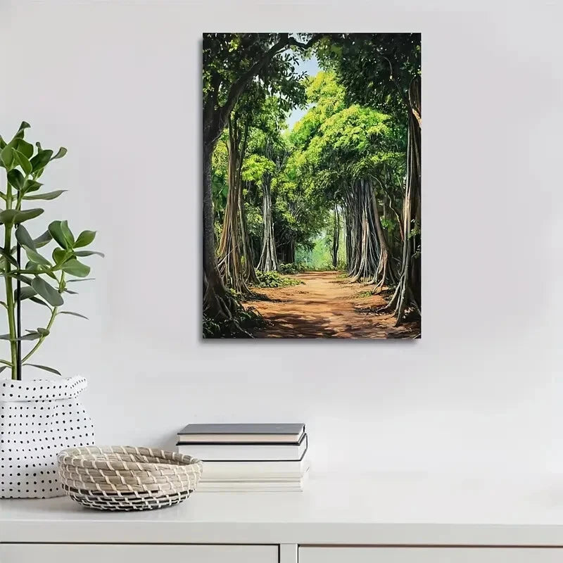 Lush Banyan Forest Vibrant Green Foliage Painting 40x60cm Metal Print Ready to Hang - Bella Home Decor