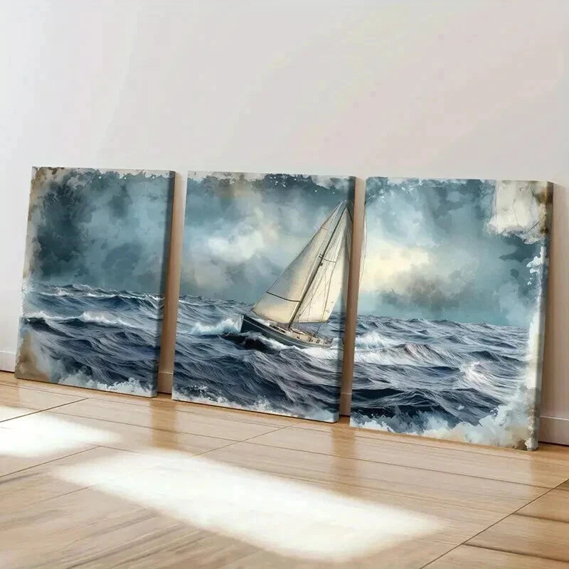 3pcs Sailing Boat Stormy Sea & Dark Clouds Wall Art Set Canvas Framed 60x90cm - High Quality Print 100% Australian Made Wall Canvas Ready to Hang - Bella Home Decor