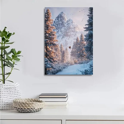 Beautiful Snowy Mountain Squirrel Scene Pine Painting 40x60cm Metal Print Ready to Hang - Bella Home Decor