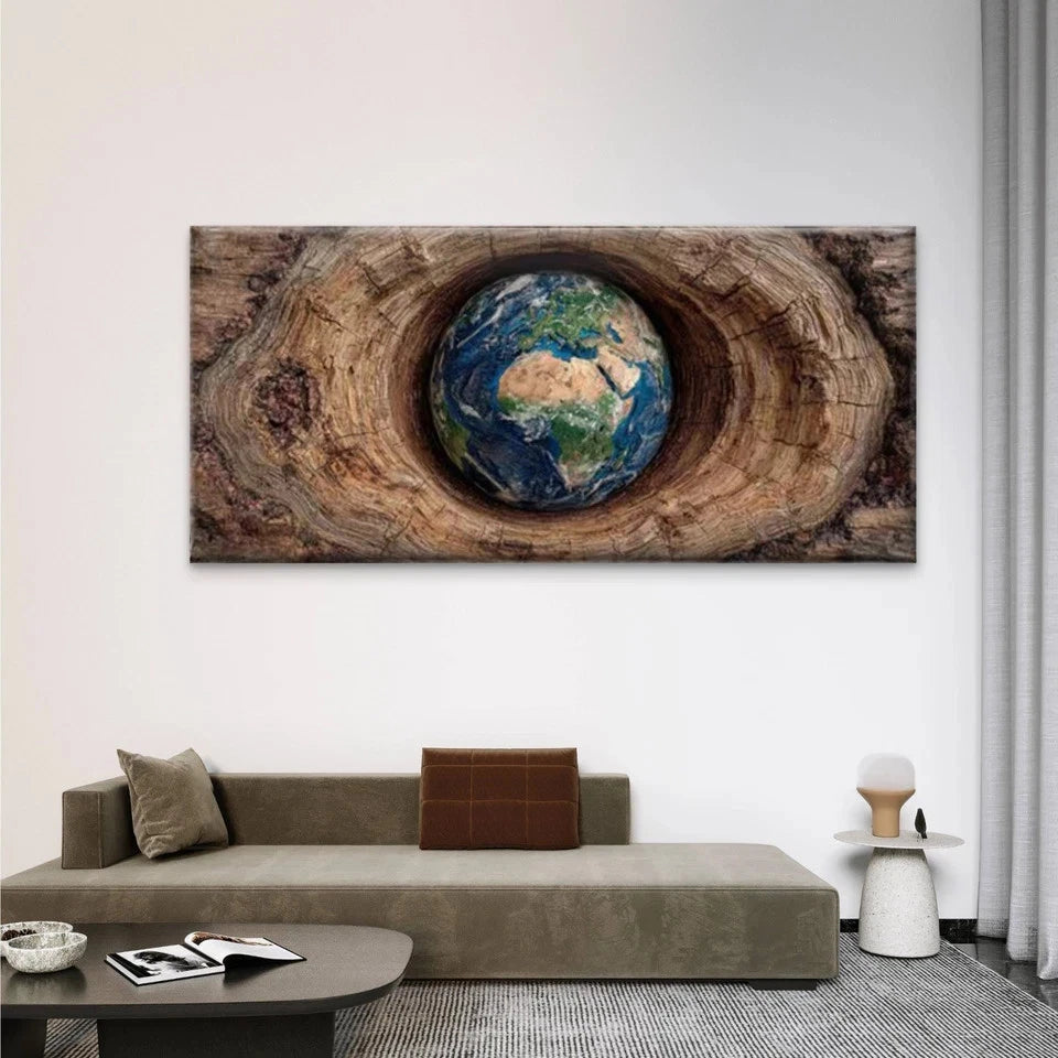 Earth in Tree Hollow Wall Art Canvas Office Home Room Framed 120x60cm