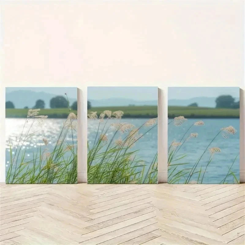 3pcs Reed Grass, Blue Water   Wall Art Set Canvas Framed 50x70cm - High Quality Print 100% Australian Made Wall Canvas Ready to Hang