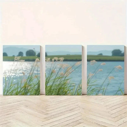 3pcs Reed Grass, Blue Water   Wall Art Set Canvas Framed 50x70cm - High Quality Print 100% Australian Made Wall Canvas Ready to Hang