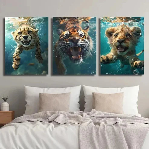 3pcs Cheetah Tiger Lion Swimming Wall Art Set Canvas Unframed - High Quality Print 100% Australian Made Wall Canvas - Bella Home Decor