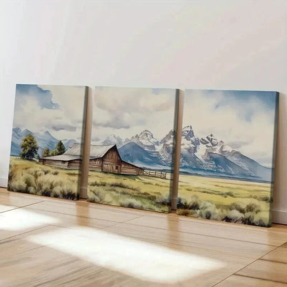 3pcs Mountain Barn Rustic Landscape Snowy Peak Wall Art Set Canvas Framed 60x90cm - High Quality Print 100% Australian Made Wall Canvas Ready to Hang - Bella Home Decor