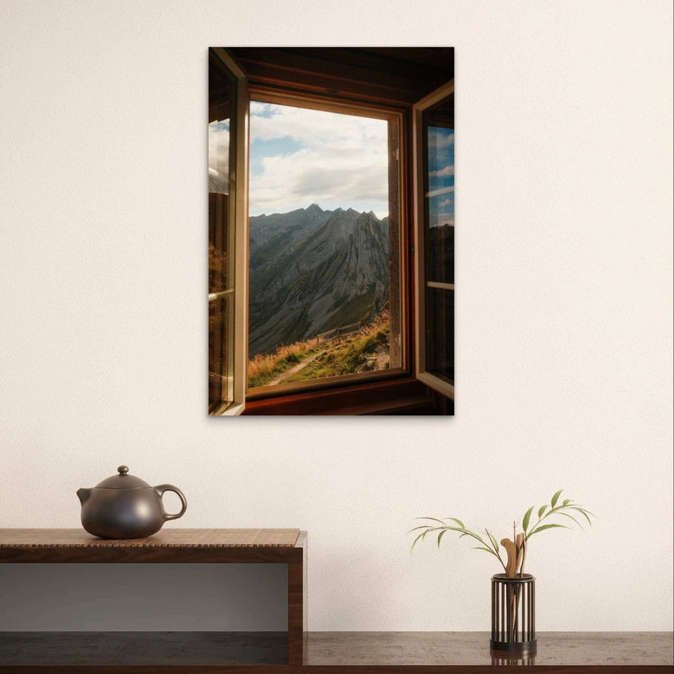 Mountain Window View Landscape Scenery 40x60cm Metal Print Ready to Hang