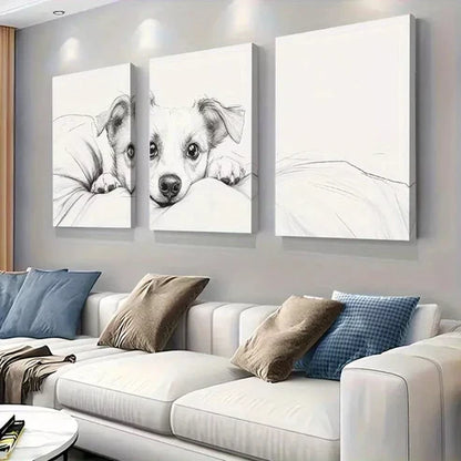 3pcs Adorable Puppy Black and White Sketch Wall Art Canvas Unframed - High Quality Print 100% Australian Made Wall Canvas - Bella Home Decor