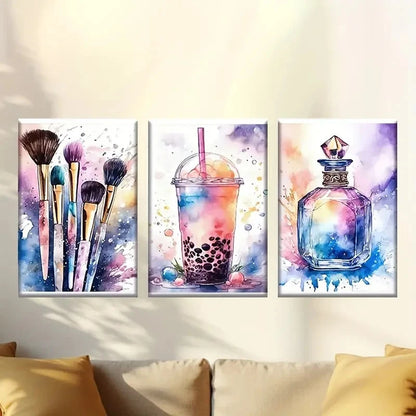3pcs Paint Brushes Drink & Crystal Bottle Wall Art Set Canvas Framed 40x60cm - High Quality Print 100% Australian Made Wall Canvas Ready to Hang