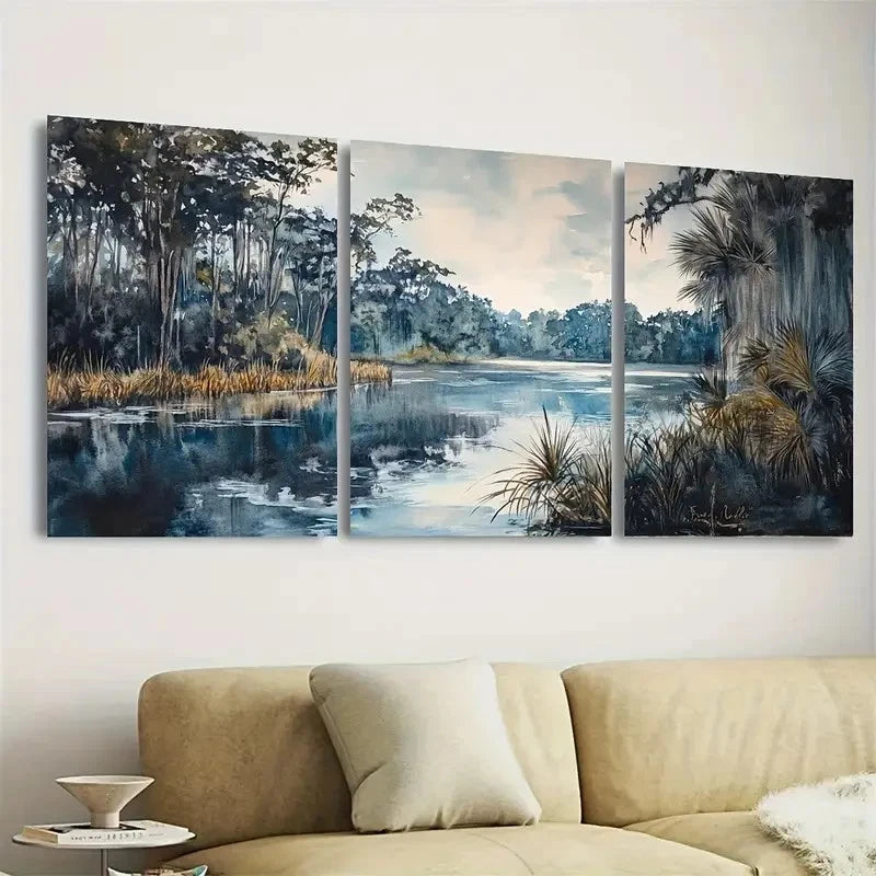 3pcs Serene Wetland Landscape with Palm Trees Wall Art Set Canvas Framed 60x90cm - High Quality Print 100% Australian Made Wall Canvas Ready to Hang - Bella Home Decor
