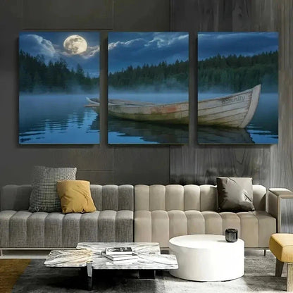 3pcs Moon, Rowboat, Pine Trees Wall Art Set Canvas Framed 50x70cm - High Quality Print 100% Australian Made Wall Canvas Ready to Hang