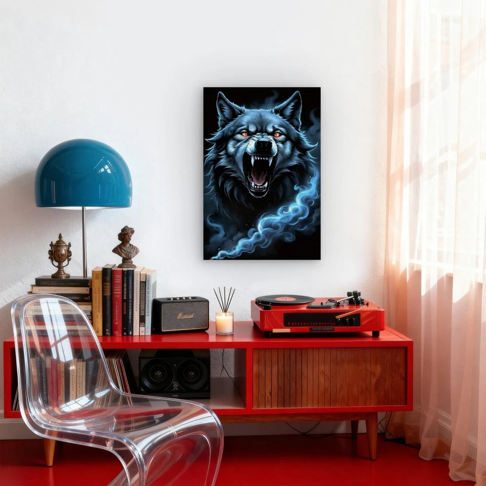 Dark Blue & Black Wolf Portrait with Glowing Eyes Metal Print Ready to Hang
