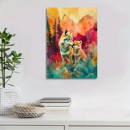 Abstract Art Scene With a Wolf Family In The Mountains  40x60cm Metal Print Ready to Hang - Bella Home Decor
