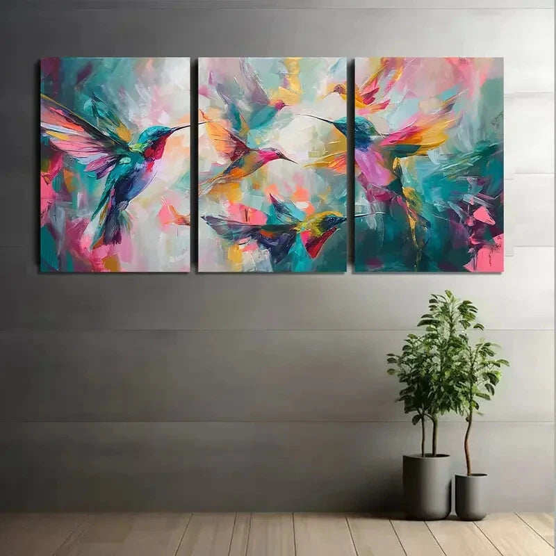 3pcs Abstract Hummingbird Oil Painting Metal Print Ready to Hang Art - Bella Home Decor