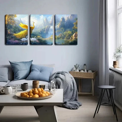 3pcs Golden Peacock And Swan Waterfall Perfect Wall Art Canvas Unframed - High Quality Print 100% Australian Made Wall Canvas - Bella Home Decor