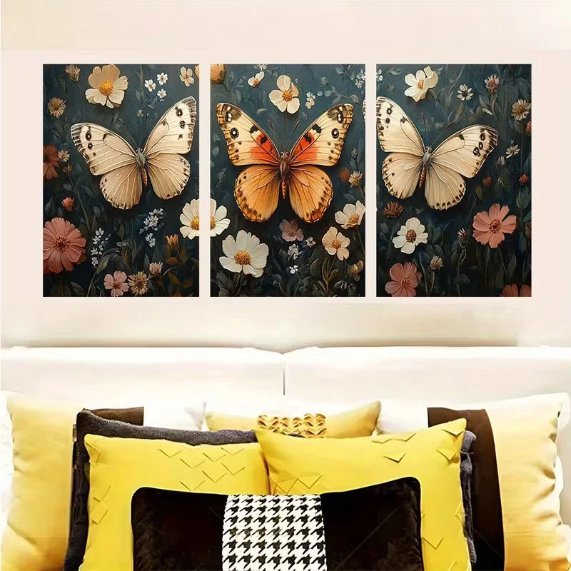 3pcs Victorian Butterfly Elegant Wildflowers   Wall Art Set Canvas Framed 50x70cm - High Quality Print 100% Australian Made Wall Canvas Ready to Hang