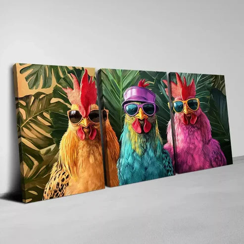 3pcs Modern Fashionable Roosters with Sunglasses Canvas Unframed - High Quality Print 100% Australian Made Wall Canvas
