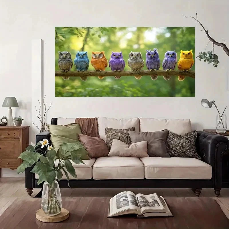 Colorful Owl Family On Branch Wall Art Canvas Office Home Room Framed 120x60cm