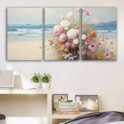 3pcs Beach Flowers Serene Ocean & Sandy Shorelin Wall Art Set Canvas Framed 60x90cm - High Quality Print 100% Australian Made Wall Canvas Ready to Hang - Bella Home Decor