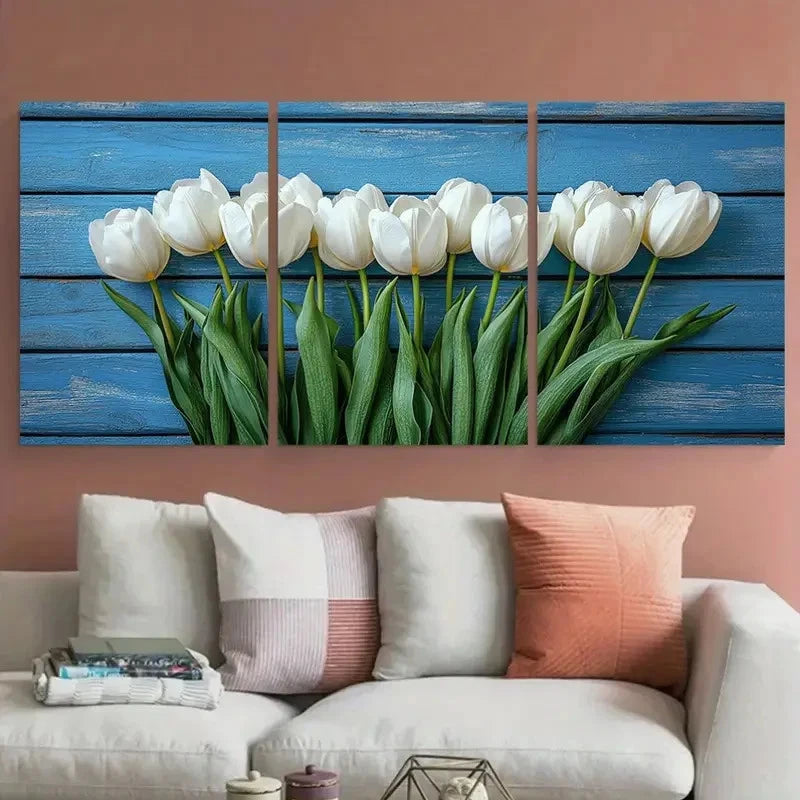 3pcs Elegant White Tulips Spring Flowers Perfect Wall Art Set Canvas Framed 60x90cm - High Quality Print 100% Australian Made Wall Canvas Ready to Hang
