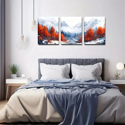 3pcs Red Trees & Misty Valley Snow Perfect Wall Art Set Canvas Framed 50x70cm - High Quality Print 100% Australian Made Wall Canvas Ready to Hang - Bella Home Decor