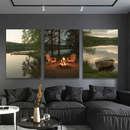 3pcs Serene Lake, Campfire & Pine Trees  Wall Art Set Canvas Framed 40x60cm - High Quality Print 100% Australian Made Wall Canvas Ready to Hang