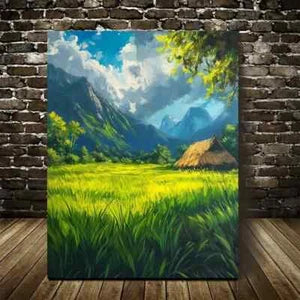 Vibrant Emerald Grassland with Thatched House Painting 40x60cm Metal Print Ready to Hang - Bella Home Decor