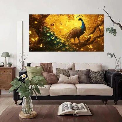 Large Golden Peacock Wall Art Canvas Office Home Room Framed 120x60cm
