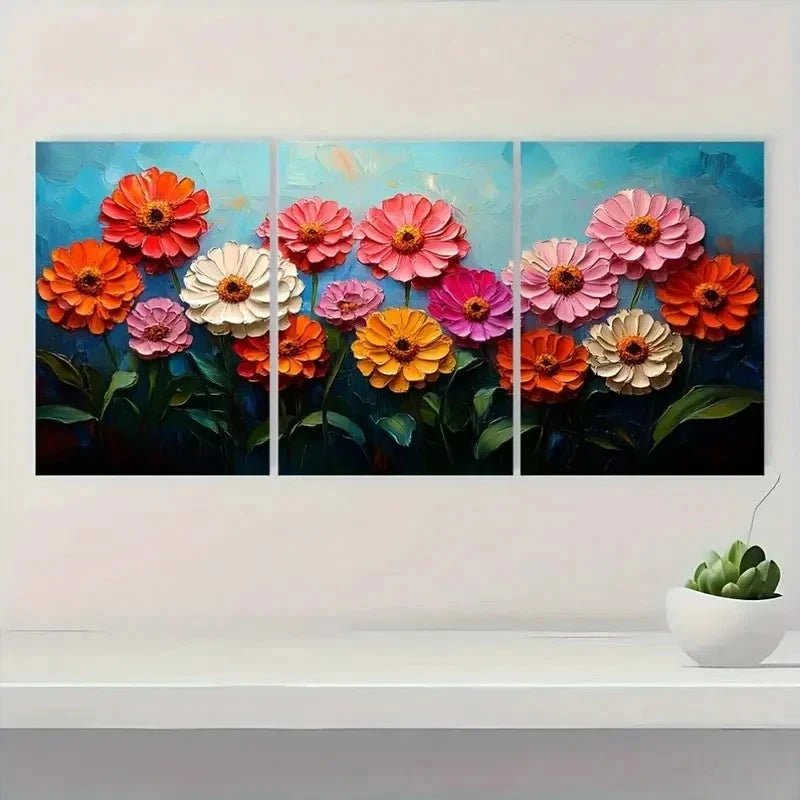 3pcs Reds And Apricot Zinnia Flower Perfect Wall Art Set Canvas Framed 50x70cm - High Quality Print 100% Australian Made Wall Canvas Ready to Hang