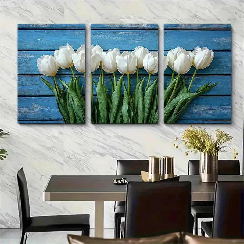 3pcs Elegant White Tulips Spring  Flowers Perfect Wall Art Set Canvas Framed 40x60cm - High Quality Print 100% Australian Made Wall Canvas Ready to Hang