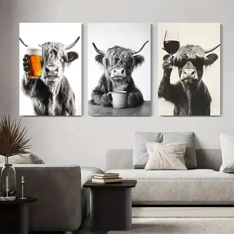3pcs Highland Cow Whimsical Illustration Perfect Wall Art Set Canvas Framed 50x70cm - High Quality Print 100% Australian Made Wall Canvas Ready to Hang - Bella Home Decor