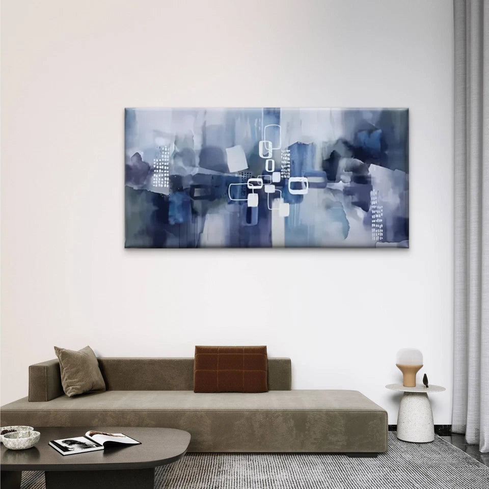 Blue & White Geometric Shapes Wall Art Canvas Office Home Room Framed 120x60cm