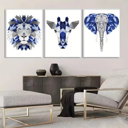 3pcs Navy Blue and Gray Giraffe Lion Elephant  Wall Art Set Canvas Framed 50x70cm - High Quality Print 100% Australian Made Wall Canvas Ready to Hang