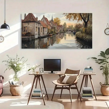 Autumn Canal Houses Peaceful Wall Art Canvas Office Home Room Framed 120x60cm - Bella Home Decor