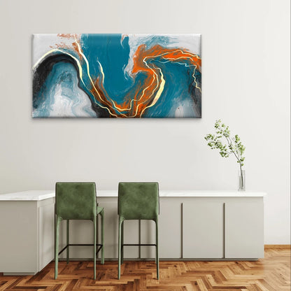 Blue, Orange and Gold Abstract Fluid Wall Art Canvas Office Home Framed 120x60cm