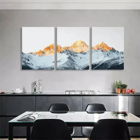 3pcs Snowy Mountain Peak Majestic Golden Perfect Wall Art Set Canvas Unframed - High Quality Print 100% Australian Made Wall Canvas