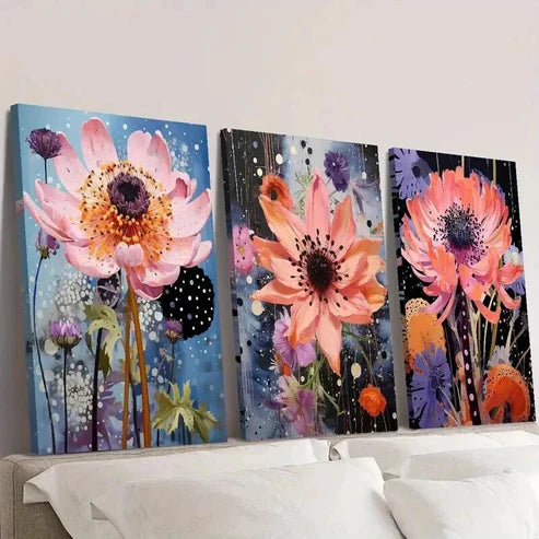 3pcs Retro Pink Cornflower Landscape Wall Art Set Canvas Unframed - High Quality Print 100% Australian Made Wall Canvas