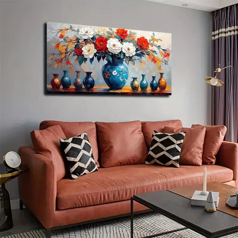 Blue Vase With Floral Design Wall Art Canvas Office Home Room Framed 120x60cm - Bella Home Decor