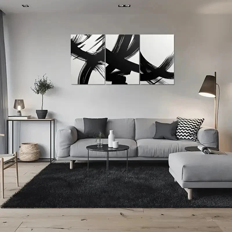 3pcs Abstract Black and White Brushstroke Metal Print Ready to Hang Art - Bella Home Decor
