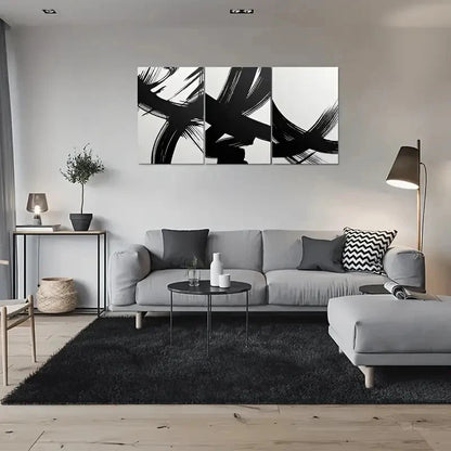 3pcs Abstract Black and White Brushstroke Metal Print Ready to Hang Art - Bella Home Decor