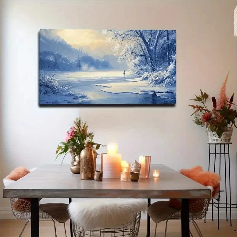 Winter River Serene Snowy Wall Art Canvas Office Home Room Framed 120x60cm