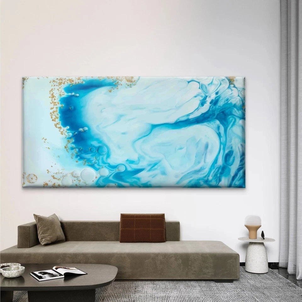 Abstract Blue Gold Watercolor Wall Art Canvas Office Home Room Framed 120x60cm