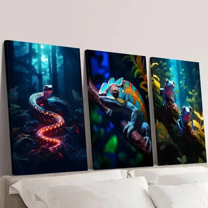 3pcs Colorful Chameleon Snake & Psychedelic Frog Wall Art Canvas Unframed - High Quality Print 100% Australian Made Wall Canvas - Bella Home Decor