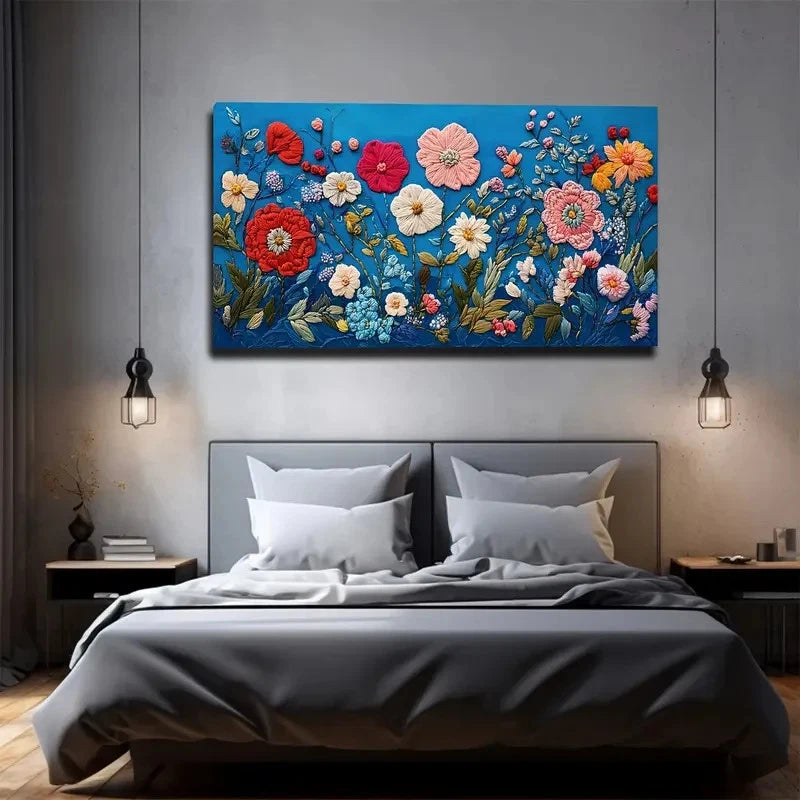 Floral painting above a bed in a bedroom setting